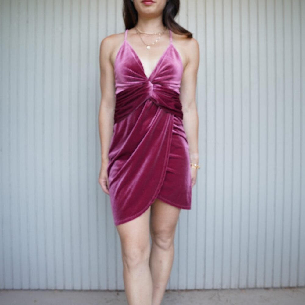 Crushed Velvet Ruched Mini Dress - Wine/Burgundy - Size XS